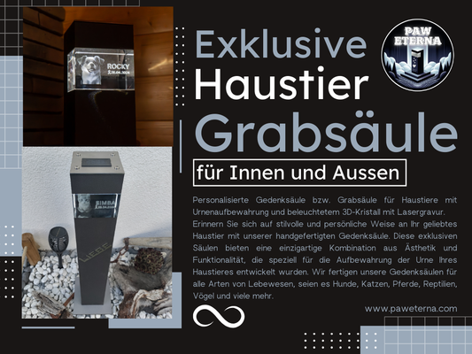 Exklusive Gedenksäule / Grabsäule für Haustiere mit Urnenaufbewahrung mit beleuchtetem 3D-Kristall mit Lasergravur.